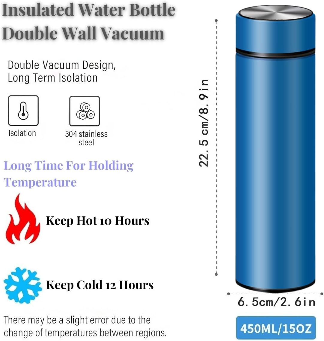 Insulated Water Bottles- Vacuum Tumbler for Coffee, Tea and Drinks with Stainless Steel Infuser - 15 oz Tea Thermo Travel Bottle/Keeps Drinks Hot or Cold for Hours/Gift Packing(Blue)