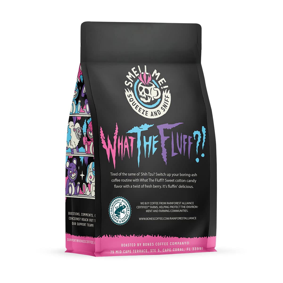 Bones Coffee Company What the Fluff?! Berry Cotton Candy Flavored Coffee, Medium Roast Low Acid Arabica Beans Compatible with Auto drip and French Press Coffee Maker, 12 Oz Whole Bean