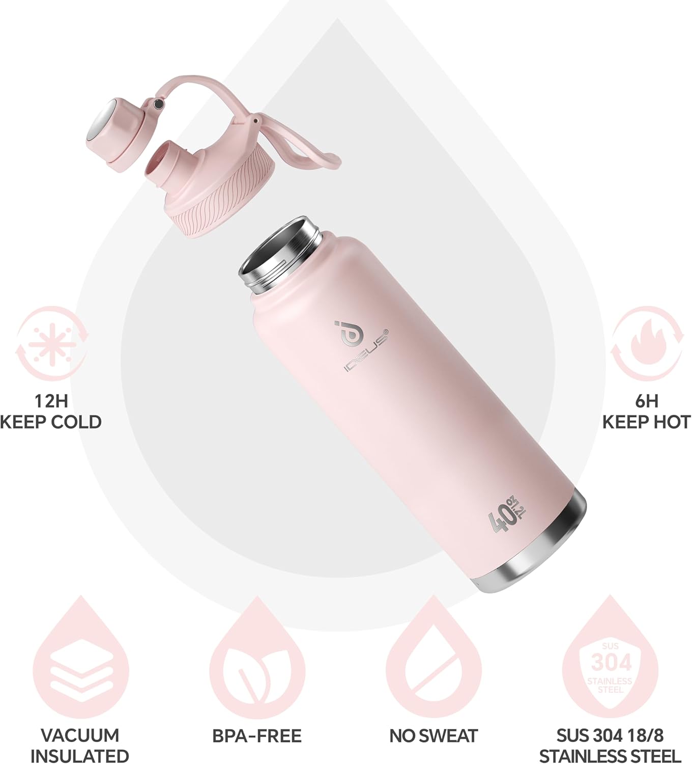 IDEUS Insulated Stainless Steel Water Bottle with 2 Leak-Proof Lids, Thermal Water Flask for Hiking Biking, 40oz, Light Pink