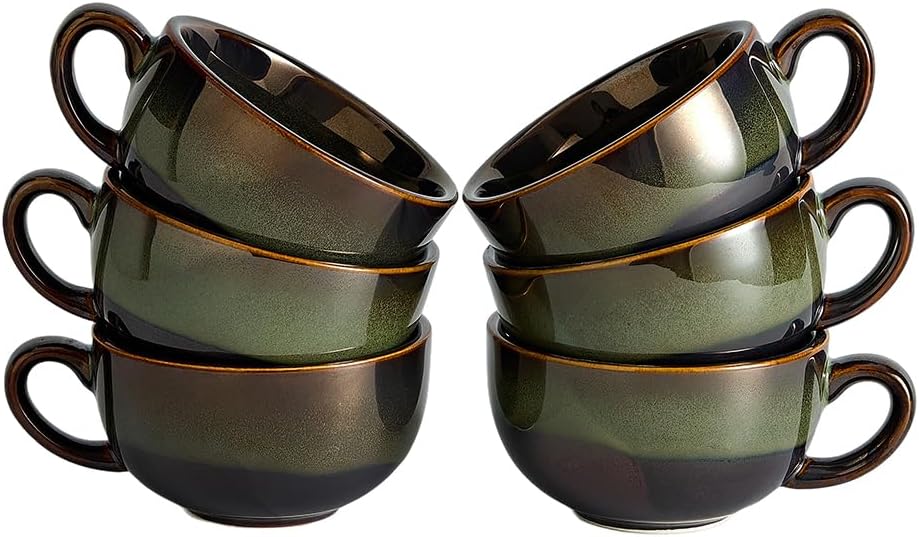 Set of 6 Vintage Design 12 oz Professional Barista Ceramic Latte Art Cappuccino Cups Set (Sea Grey * 6)