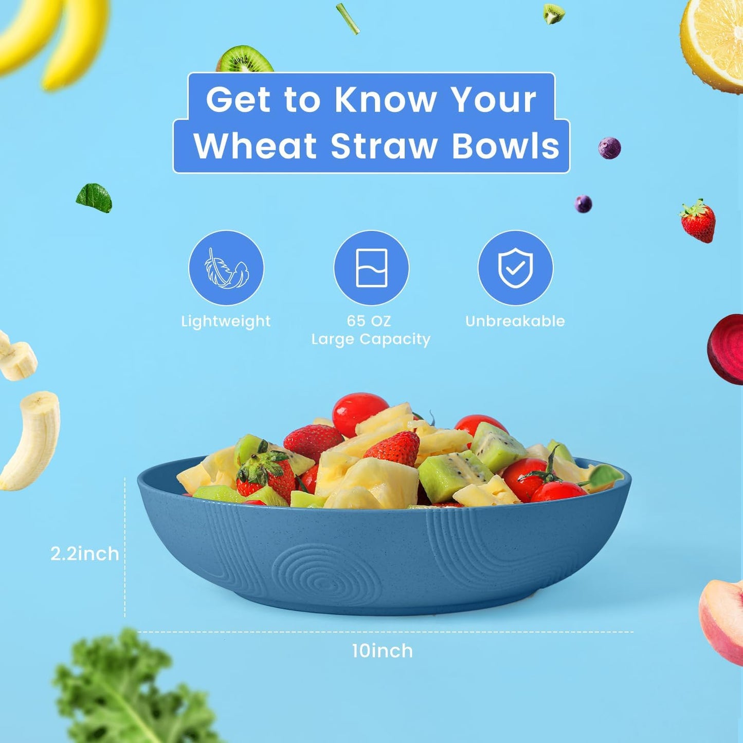 Homienly Wheat Straw Bowls, Salad Bowls, Serving Bowls for Kitchen, Camping, Picnic, Fruit, 60 OZ Large Capacity, Microwave and Dishwasher Safe, Set of 2 (Blue)