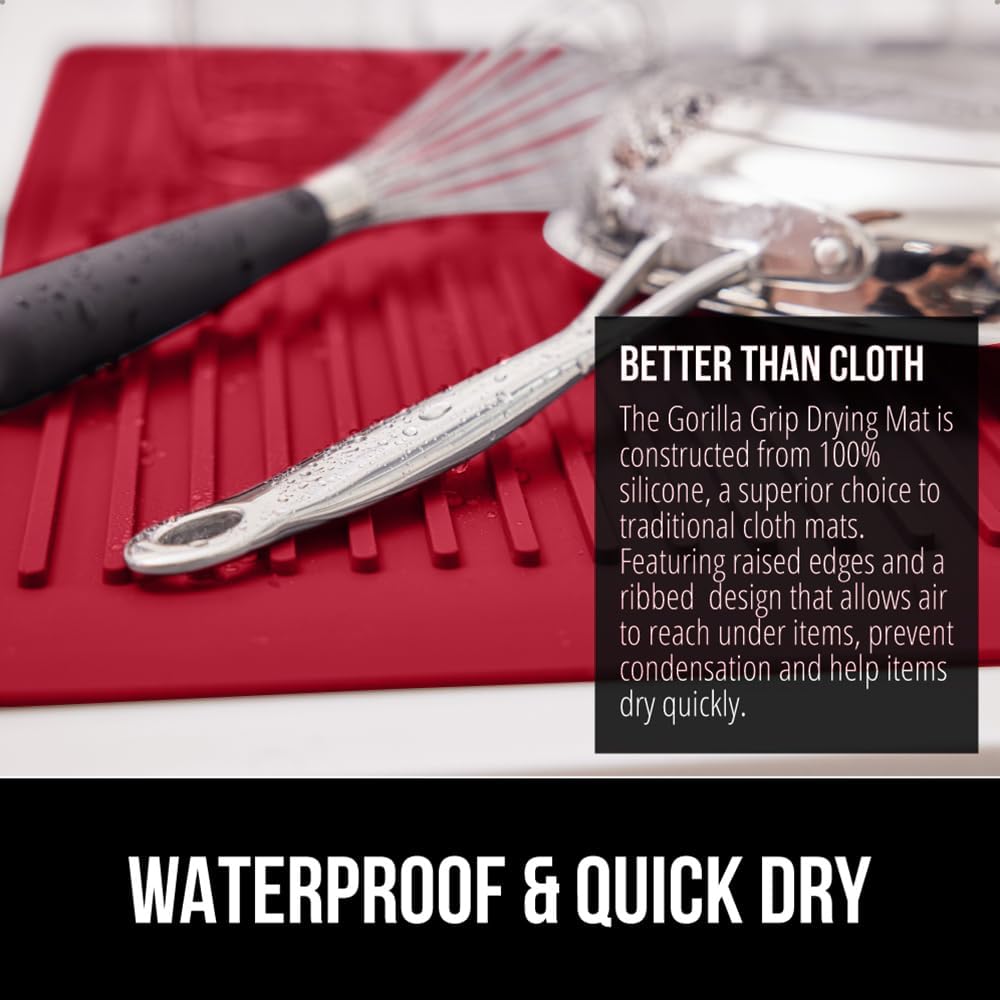 GORILLA GRIP 100% BPA-Free Patented Silicone Dish Drying Mat for Kitchen Counter, Water Catching Ribbed Design, Easy Clean Waterproof Sink Liner, Heat Resistant, Fits Under Rack, 13x11 Inch, Red