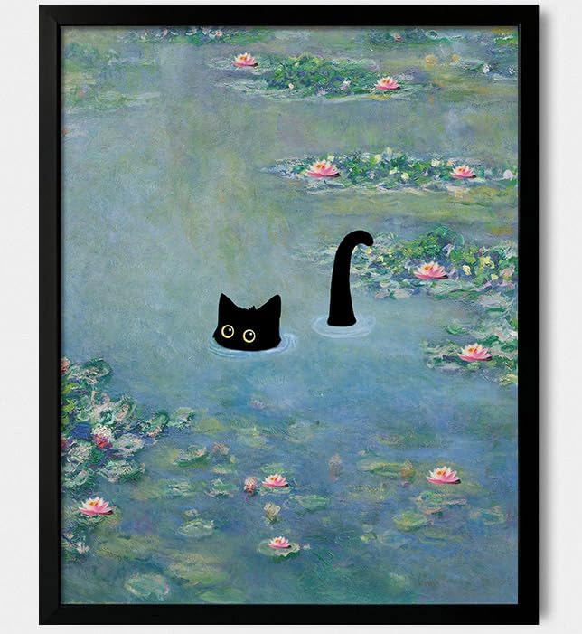 Hamduker Cat Wall Art Monet Prints Vintage Canvas Wall Art Funny Cat in Water by Unknown