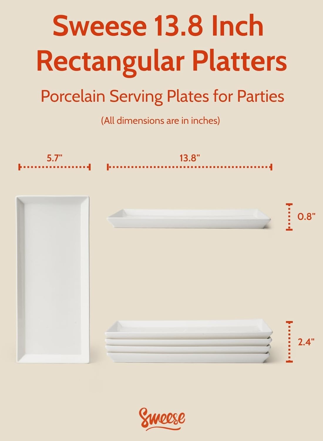 Sweese Rectangular Porcelain Platters, Serving Trays for Parties, 13.8 Inch Large Serving Dishes for Steak, Taco, Sushi, Appetizer, Cake - Dishwasher & Oven Safe - Set of 4, White