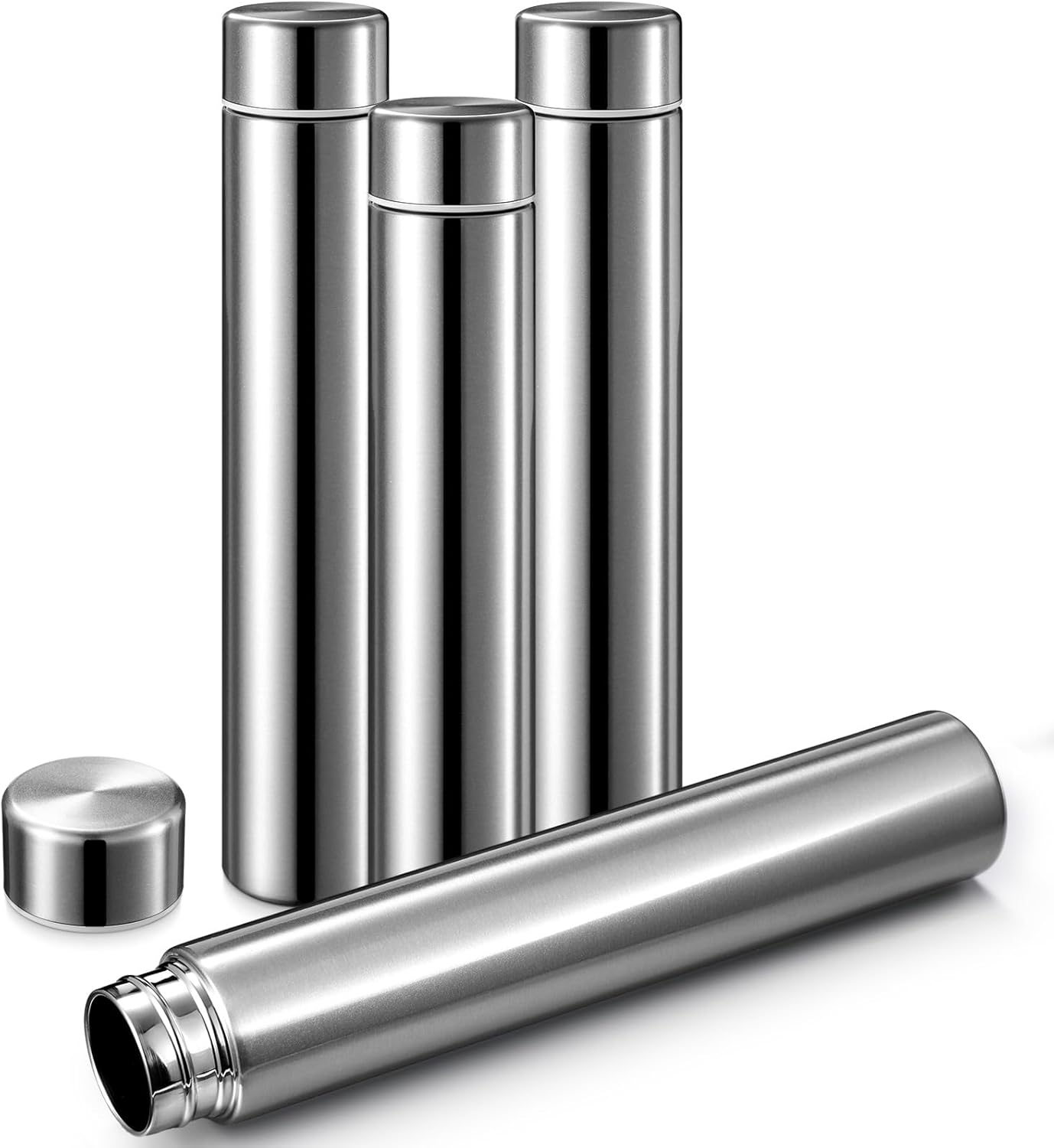 Vesici Slim Water Bottle 8.8 oz Small Stainless Steel Purse Compact Insulated Water Bottles Camping Travel Backpack Pocket Flask for Car Cold Coffee Tea(Silver,4 Pack)