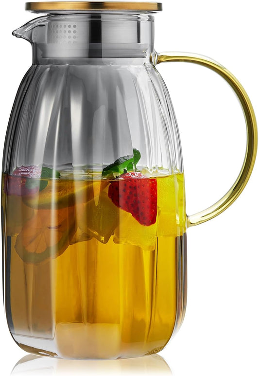 68OZ Glass Pitcher with Lid and Spout, Water Jug, 2000ml Carafe for Hot/Cold Water, Large Iced Tea Pitcher for Coffee, Juice and Homemade Beverage