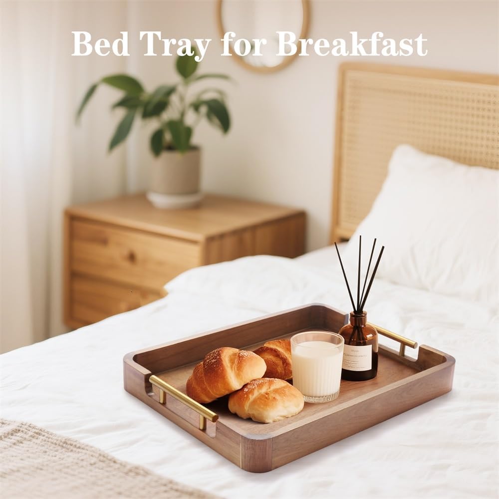 Acacia Wood Serving Tray with Handles, 17x13 Inch Ottoman Tray for Coffee Table,Candle Display,Breakfast in Bed, Large Wooden Decorative Tray with Non-Slip Pads, for Kitchen, Dining, Home Decor