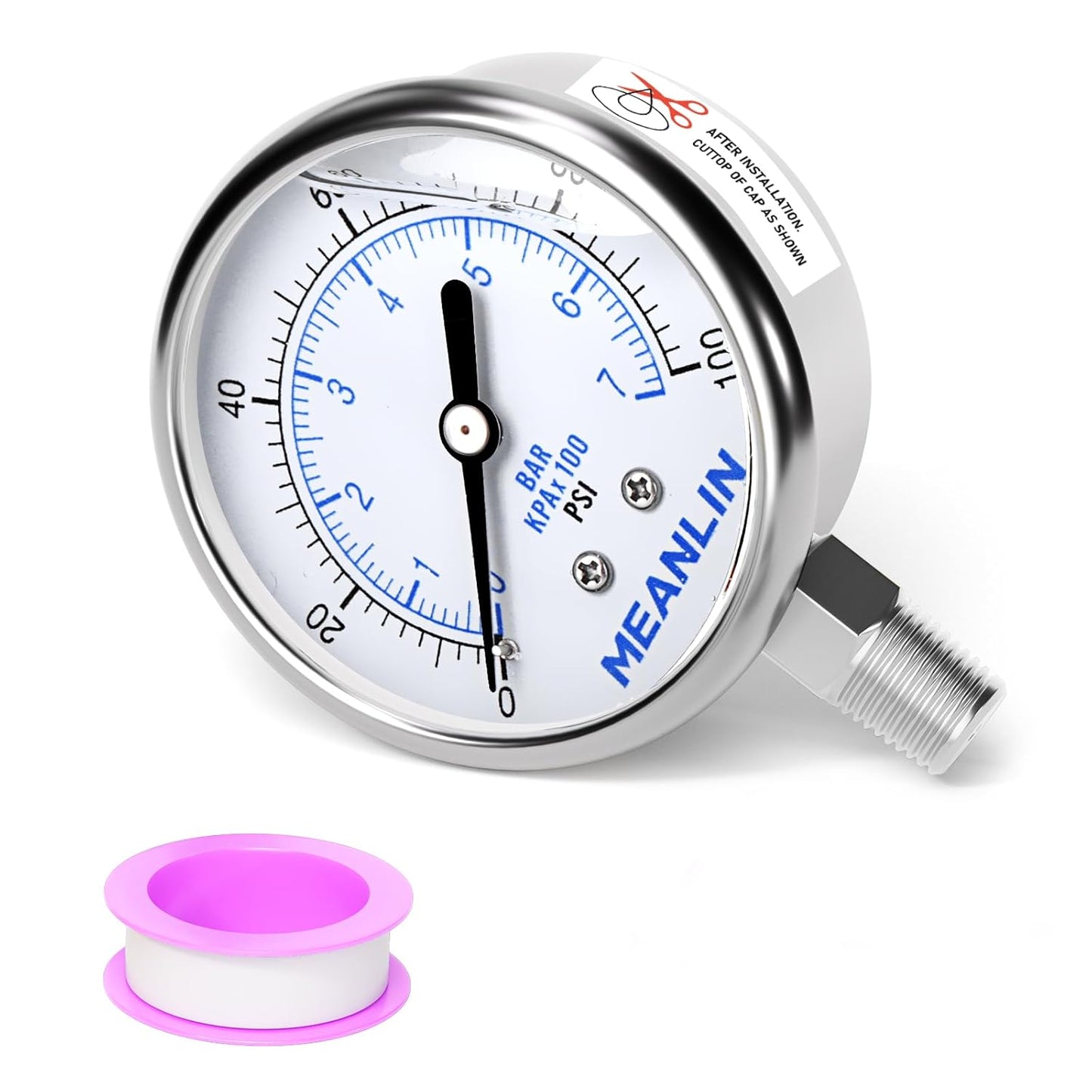 MEANLIN MEASURE 0~100Psi Liquid Filled Pressure Gauge Stainless Steel with 316 Stainless Steel Joint 1/4" NPT 2.5" FACE DIAL for Well Pump Tire Water Pressure Tester Lower Mount