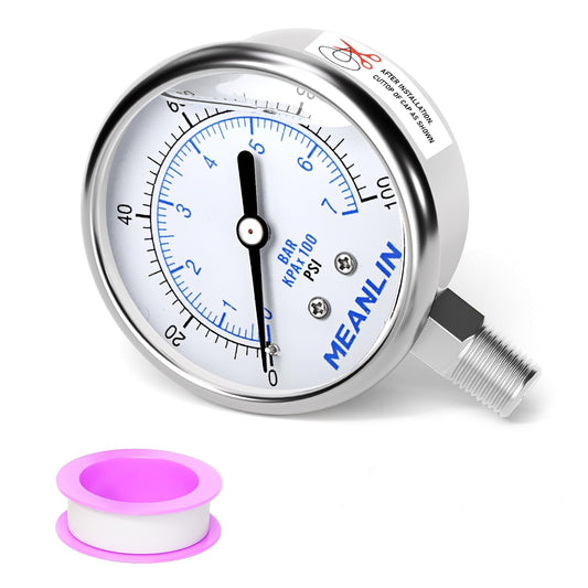 MEANLIN MEASURE 0~100Psi Liquid Filled Pressure Gauge Stainless Steel with 316 Stainless Steel Joint 1/4" NPT 2.5" FACE DIAL for Well Pump Tire Water Pressure Tester Lower Mount