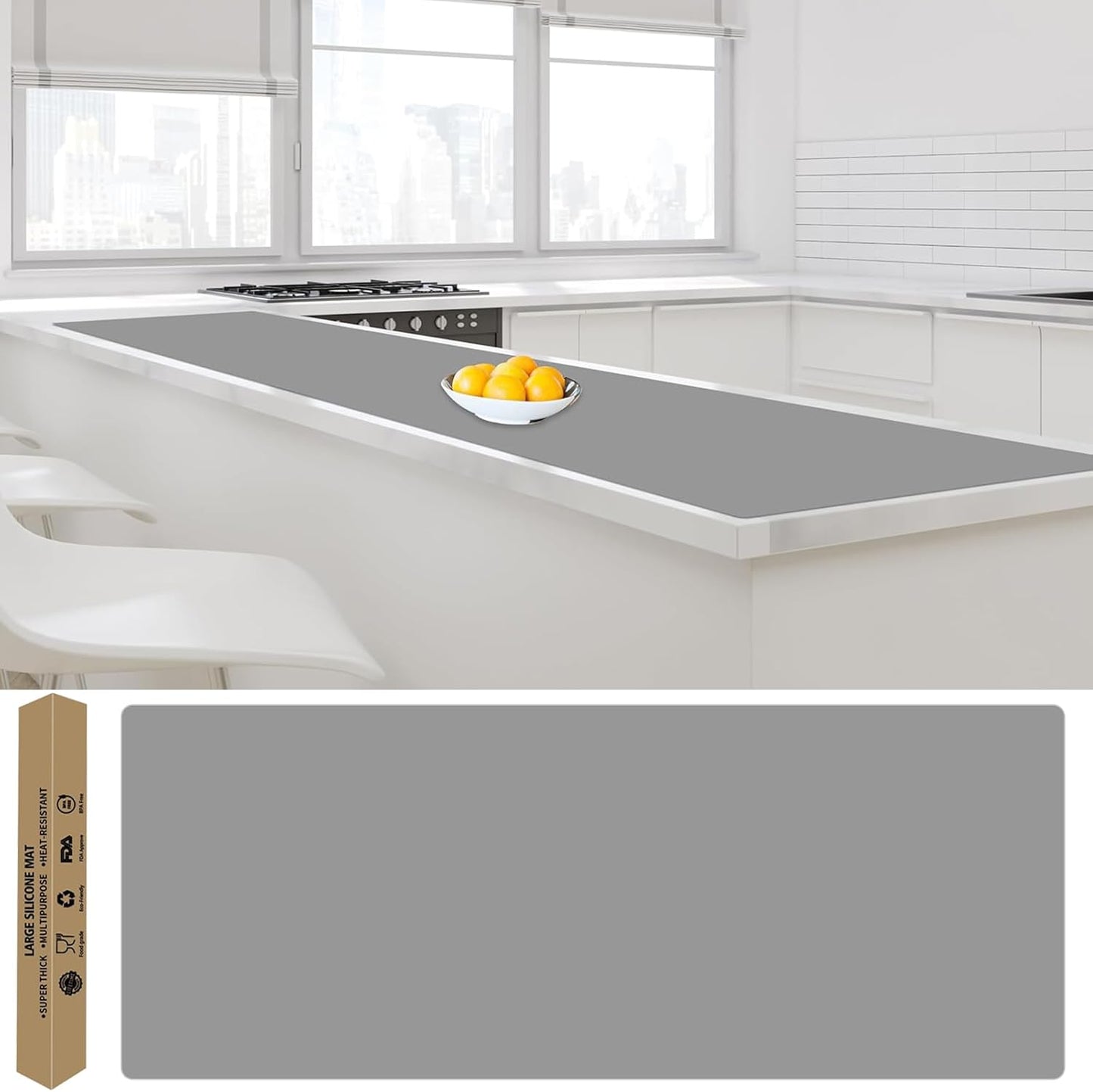 Largest Silicone Mats for Kitchen Counter, 120" x 24" Extra Large Heat Resistant Counter Mat, Kitchen Island Waterproof Thicken Non-slip Countertop Protector Mat, Multipurpose Mats, Light Gray