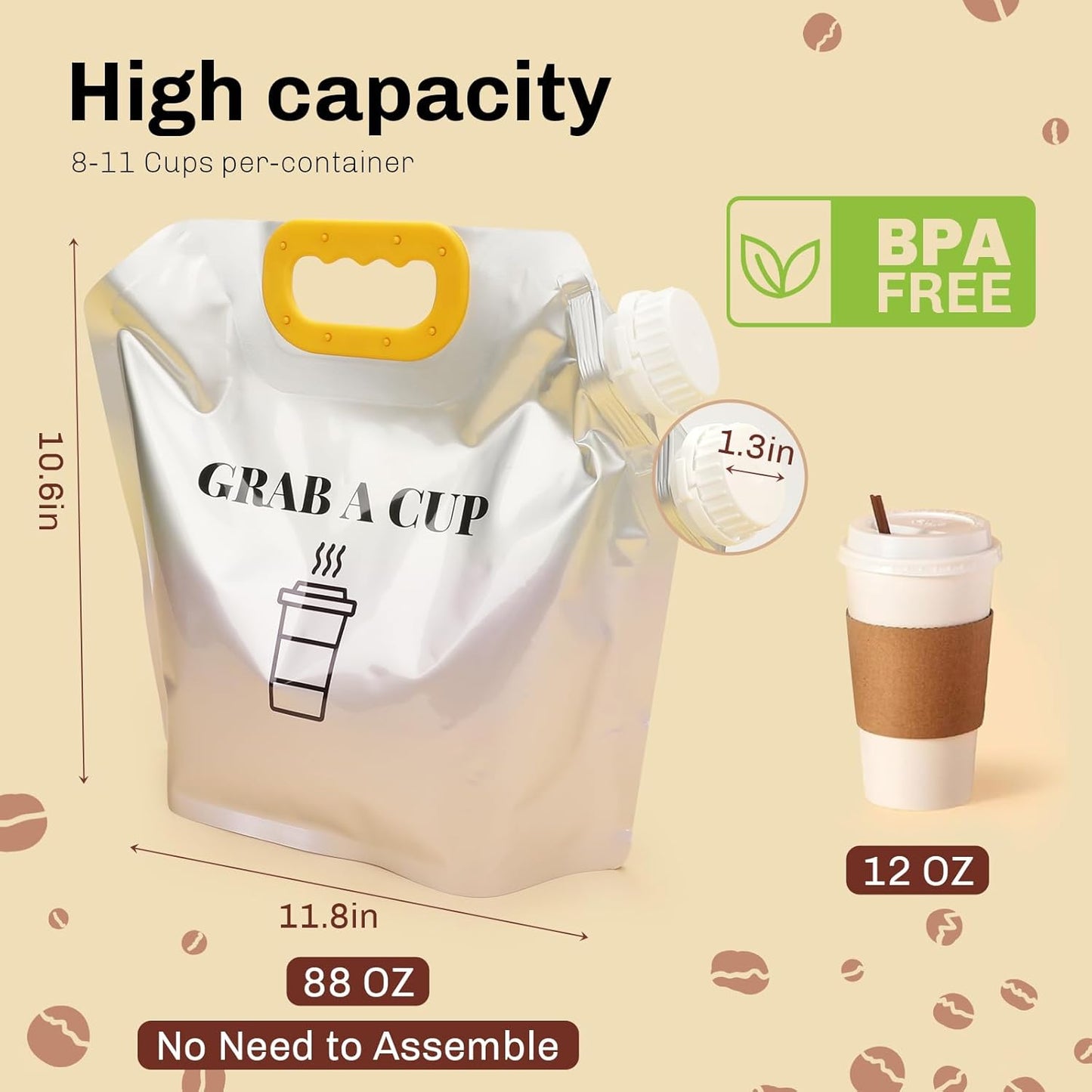 10 Pack Disposable Coffee Dispensers with Handle Coffee Box Cold Hot Beverage Dispenser COFFEE Carrier with Handle Take Out Camping Water Storage Containers Water Bag for Hiking (88oz) (Yellow)