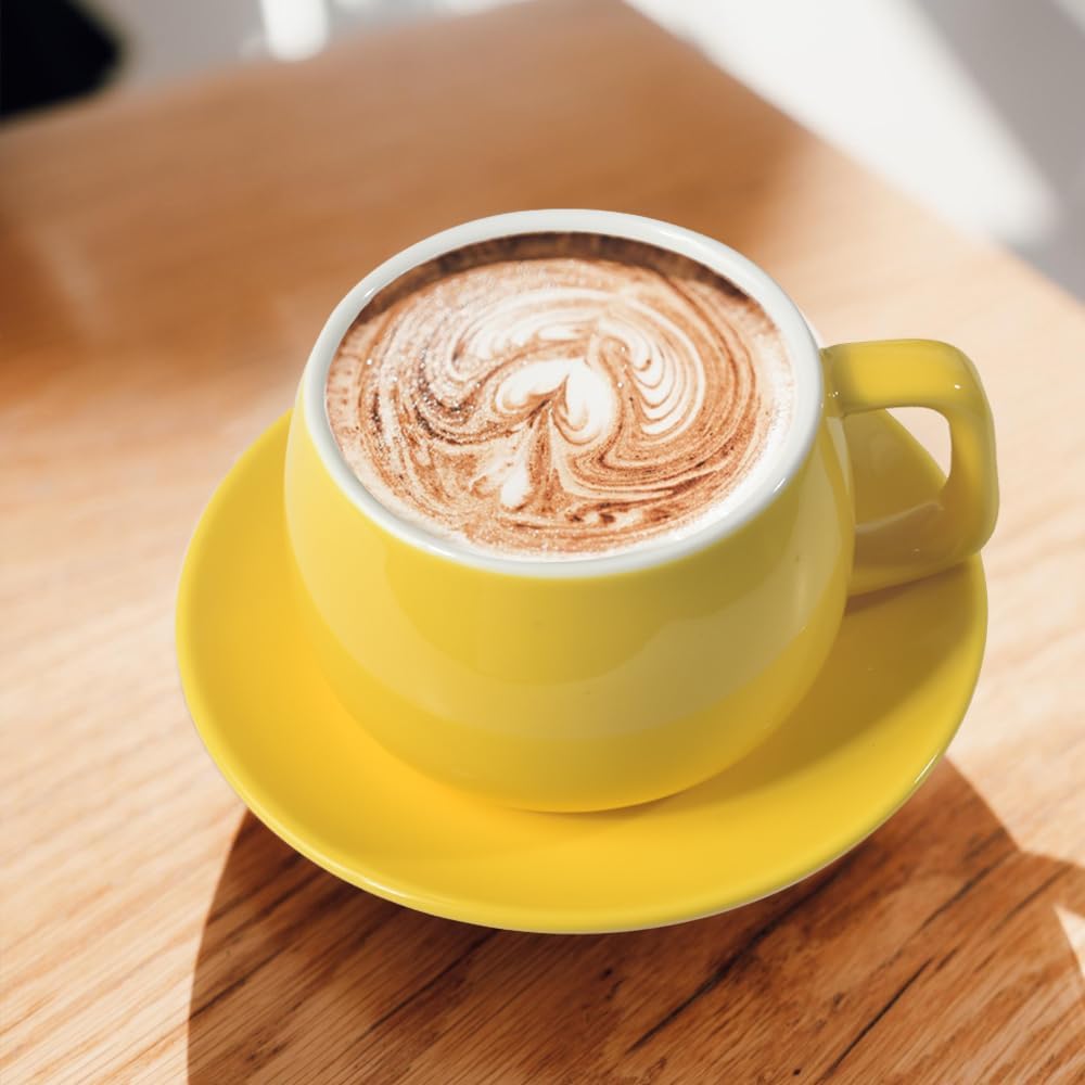Porcelain Coffee Cup with Saucer 270ml/9oz, Minimalist Design, Perfect for Latte, Cappuccino, and Tea, Yellow