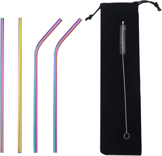 Gugrida Metal Straws Stainless Steel Straws 8.5" Drinking Straws Reusable 4 Set - Ultra Long Muti Color-Cleaning Brush for 20/30 Oz for Trail Tumblers Yeti RTIC SIC Ozark (2 Straight|2 Bent|1 Brush）