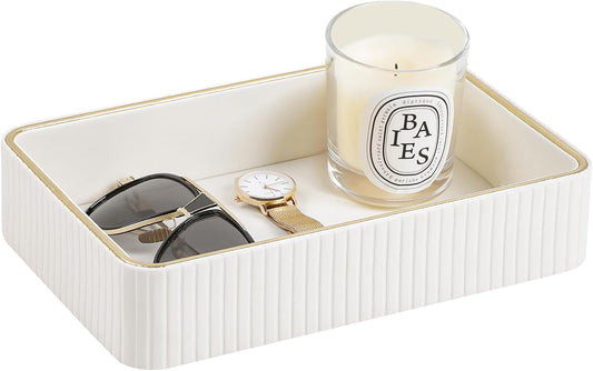 Desk Organizer Tray, PU Leather Valet Tray Nightstand Organizer Cologne Perfume Trays for Men Women, Decorative Vanity Trays Key Bowl Trinket Dish (Ivory, 10.3" x 6.7" x 2.2")