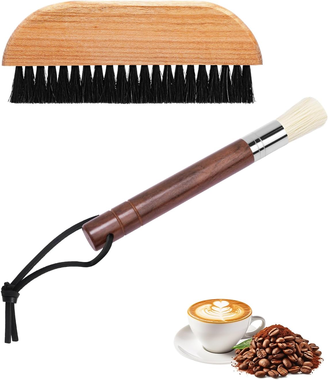 2 Pack Coffee Brush Set, Espresso Cleaning Brush - Ebony Bristle with Hanging Rope & Walnut Wood Espresso Brush for Espresso Machine, Grinder, Countertop, Compact Coffee Cleaning Tool