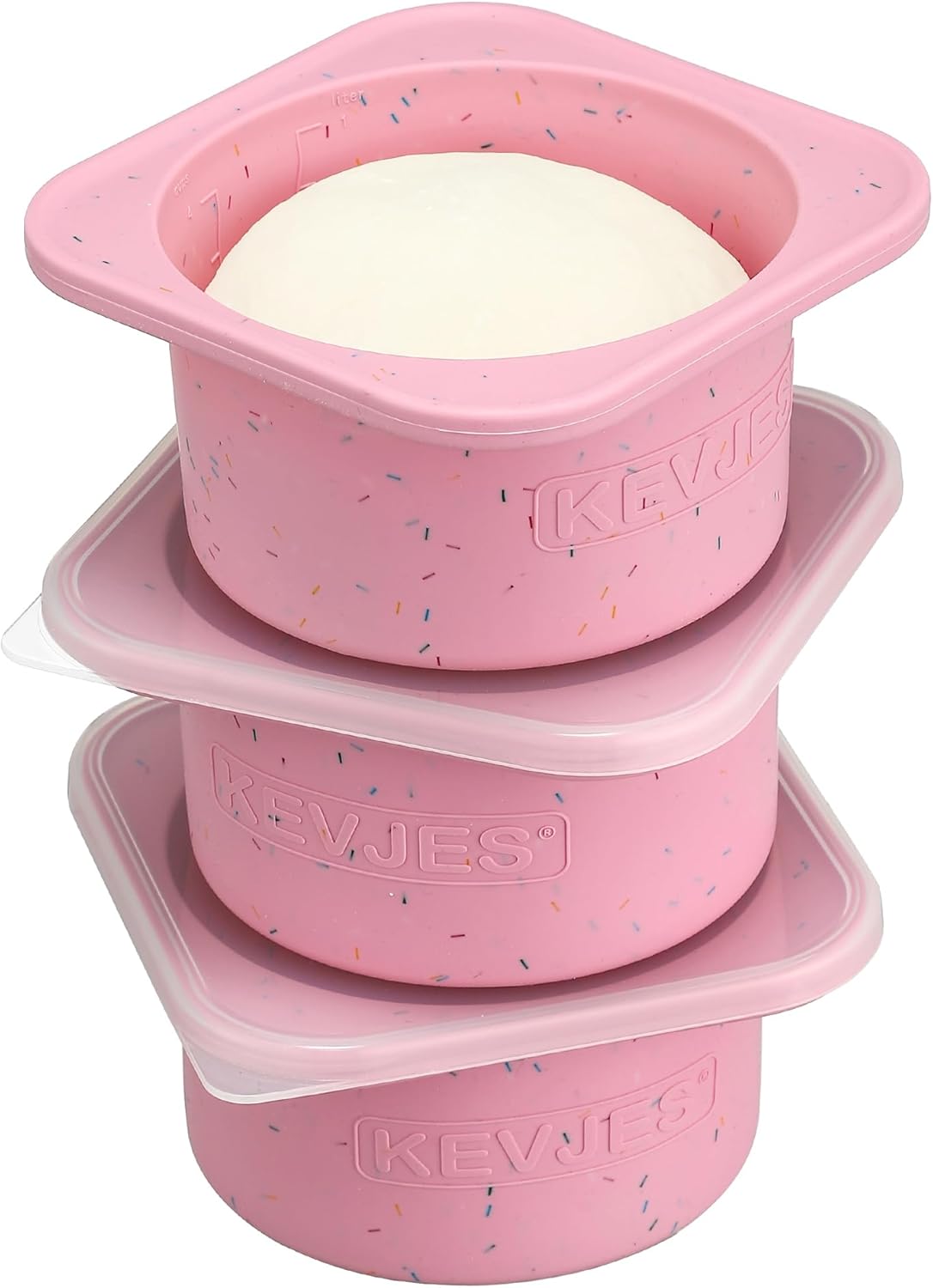 PLUS 1000ml Pizza Dough Proofing Containers for DIY family Artisan Pizza, Food Grade Silicone Stackable Boxes with Lids, Freezer, Fridge, Dishwasher Safe-Sprinkles Pattern-3 Pack (Cotton Candy)