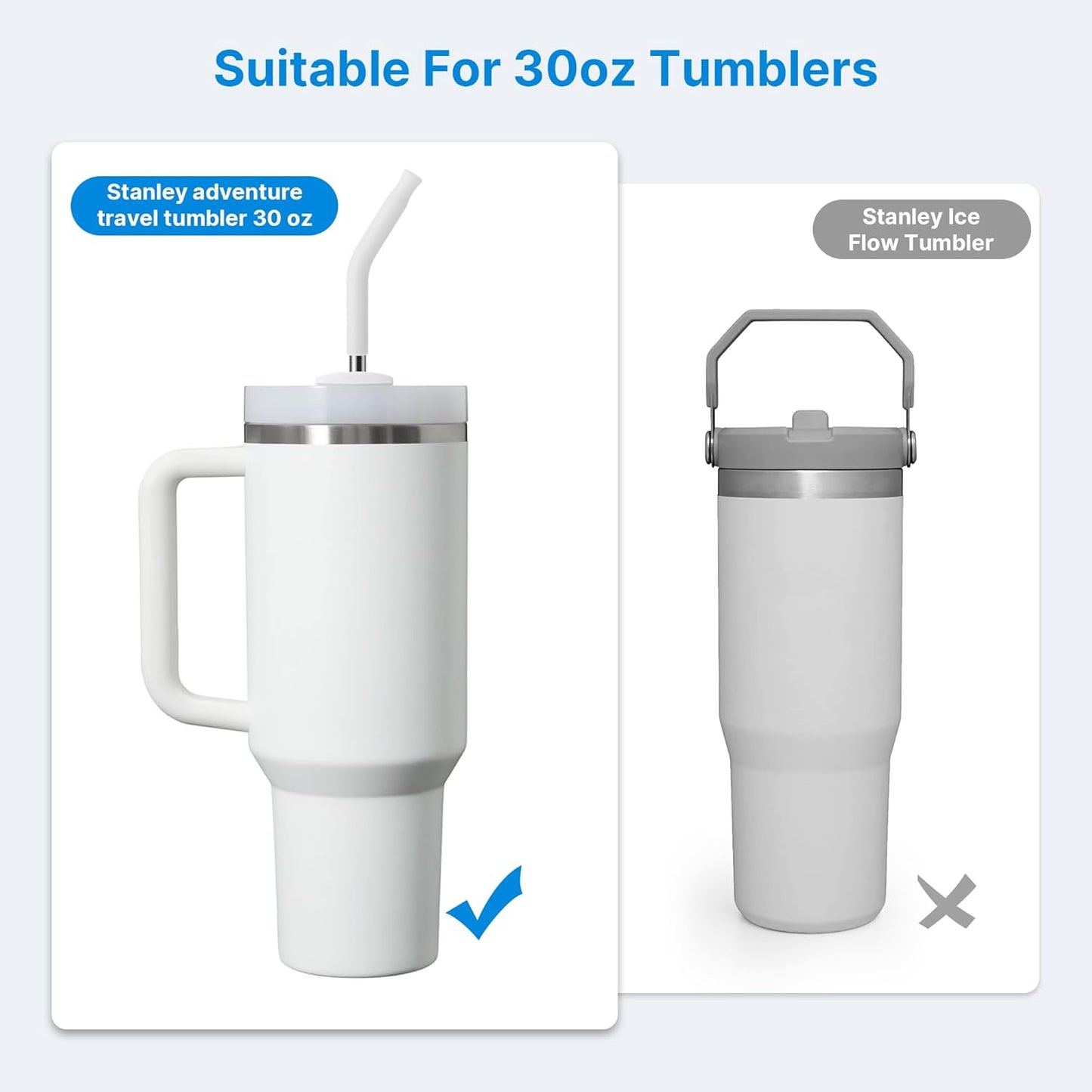 Repeatable Metal Straw with Silicone Tips for 30 oz Stanley Tumbler, 2 Pcs 30 oz Stainless Steel Straws Replacement for Stanley Tumbler, 1 Straw Brush, BPA Free（White）