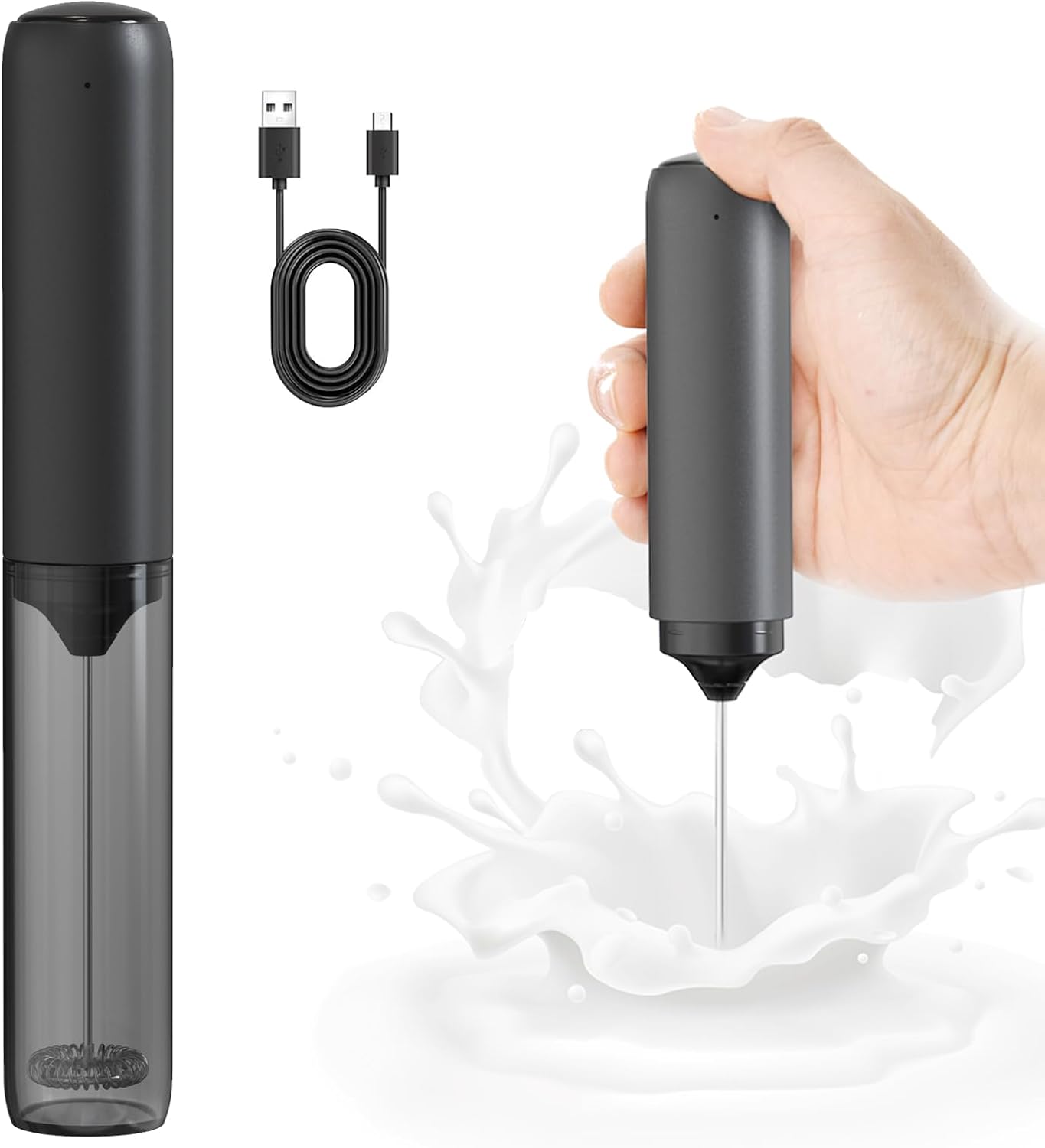Rechargeable Milk Frother with Cover, Easy to Carry Drink Mixer Handheld, Electric Frother Wand for Coffee, Latte, Cappuccino, Frappe Drink, Hot Chocolate, Black