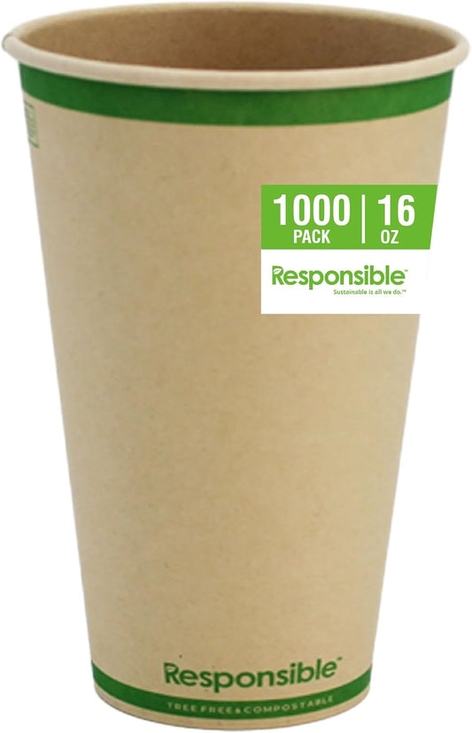 16 oz Paper Hot Cups, Tree-Less™ Compostable Paper Coffee Cups, Extra Strength, Tree-Free and Made Without PFAS, Natural Brown (1000 Count)
