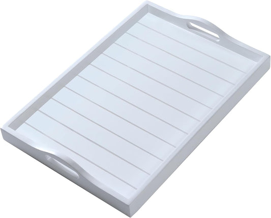 Large Wooden Serving Tray with Handles 20 x 14 inch Decorative Coffee Table Ottoman Tray for Living Room Extra Large for Kitchen Dinner Food Bar Breakfast in Bed (Color White)