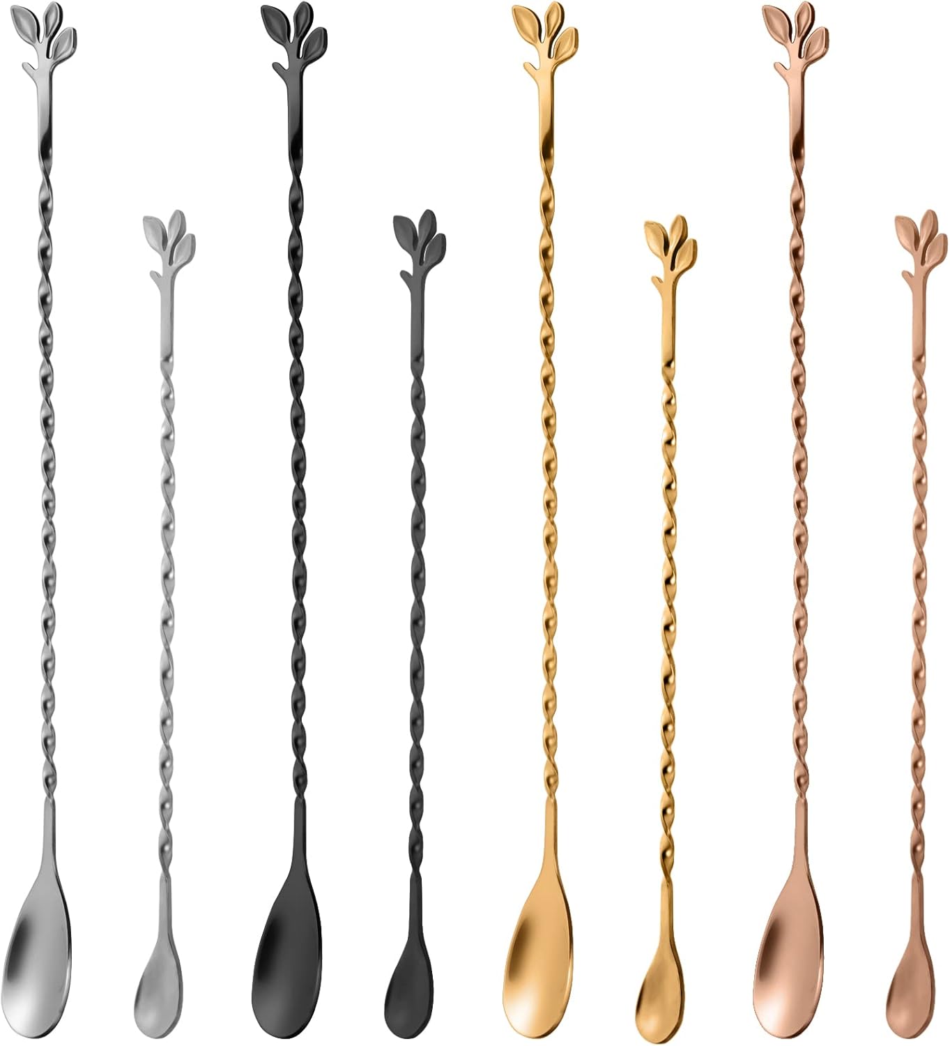 AnSaw Rose Gold 12-Inch Stainless Steel Cocktail Spoon with Leaf Handle - Perfect for Mixing & Layering Drinks in Tall Cups, Bar & Shakers - Durable Long Handle Bar Stirrer,2-Pieces