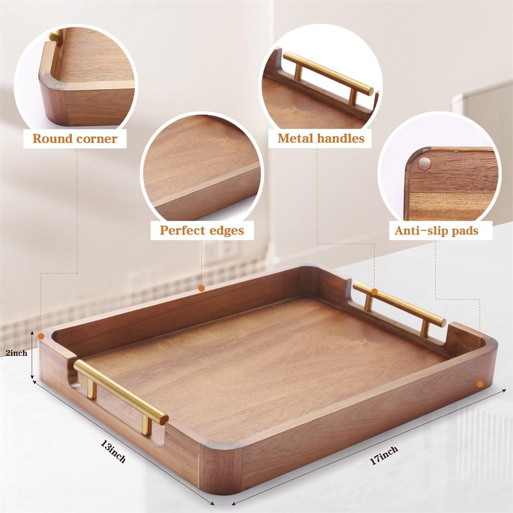 Acacia Wood Serving Tray with Handles, 17x13 Inch Ottoman Tray for Coffee Table,Candle Display,Breakfast in Bed, Large Wooden Decorative Tray with Non-Slip Pads, for Kitchen, Dining, Home Decor