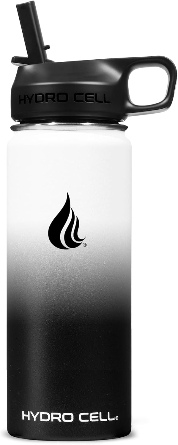 HYDRO CELL Stainless Steel Insulated Water Bottle with Straw - For Cold & Hot Drinks - Metal Vacuum Flask with Screw Cap and Modern Leakproof Sport Thermos for Adults (Black/White 18oz)