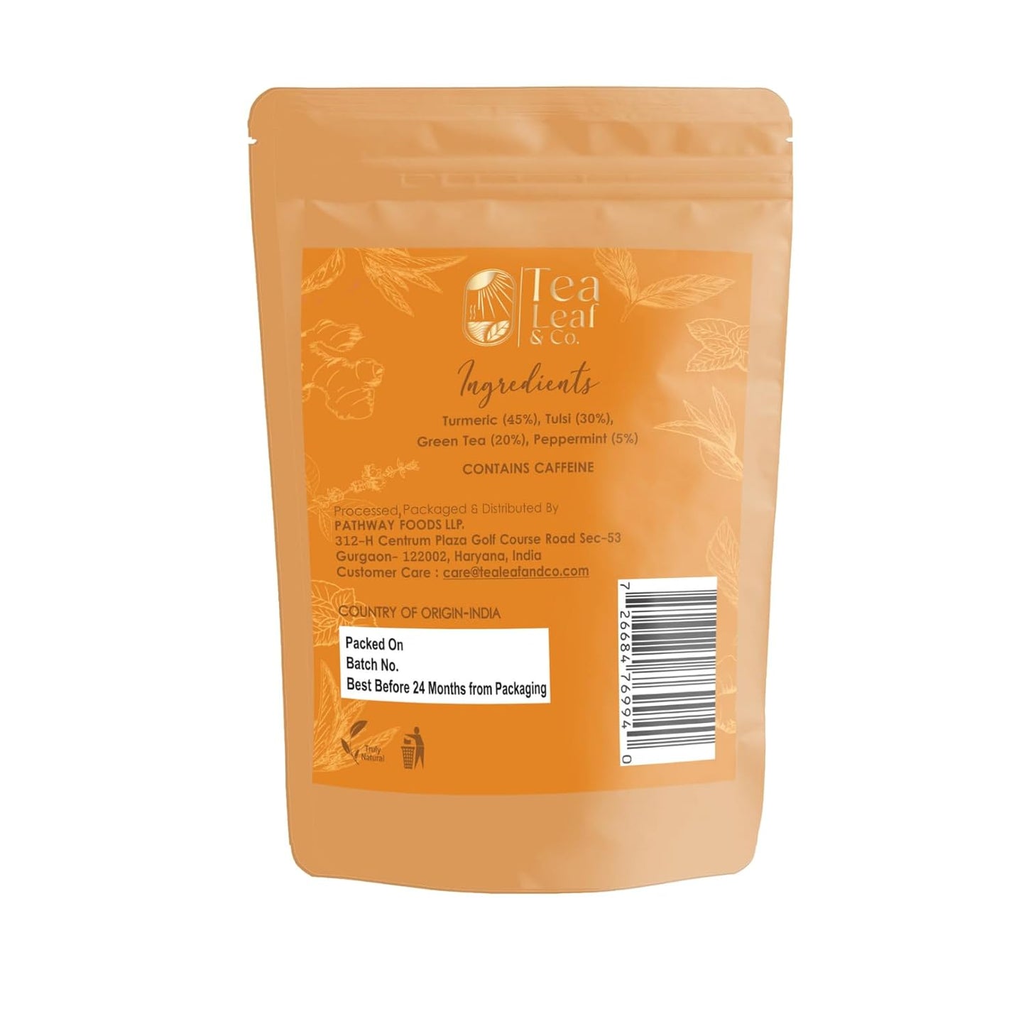 Tealeaf & Co. Turmeric Tulsi Holy Basil Green Tea Loose Leaf - Turmeric, Tulsi & Peppermint Tea Blended with Fresh Herbs & Spices - 50 Servings, Low Caffeine & Gluten Free (3.52oz/100gm)