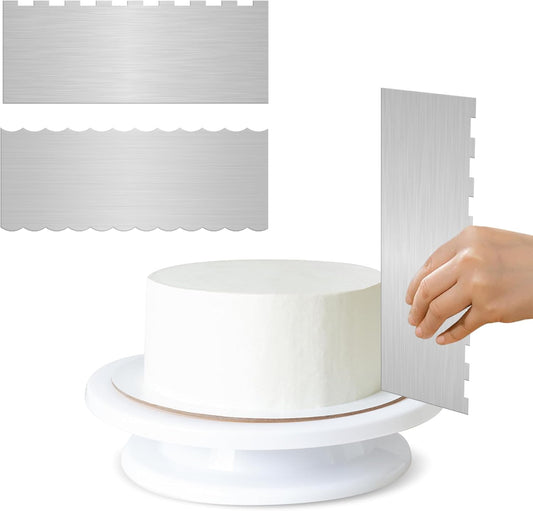 9 Inch Metal Cake Scraper Set of 2, Stainless Steel Cake Scraper Smoother Double Sided Patterned Edge for Icing Smoother,Tall Cake Scraper, Cake Combs for Buttercream