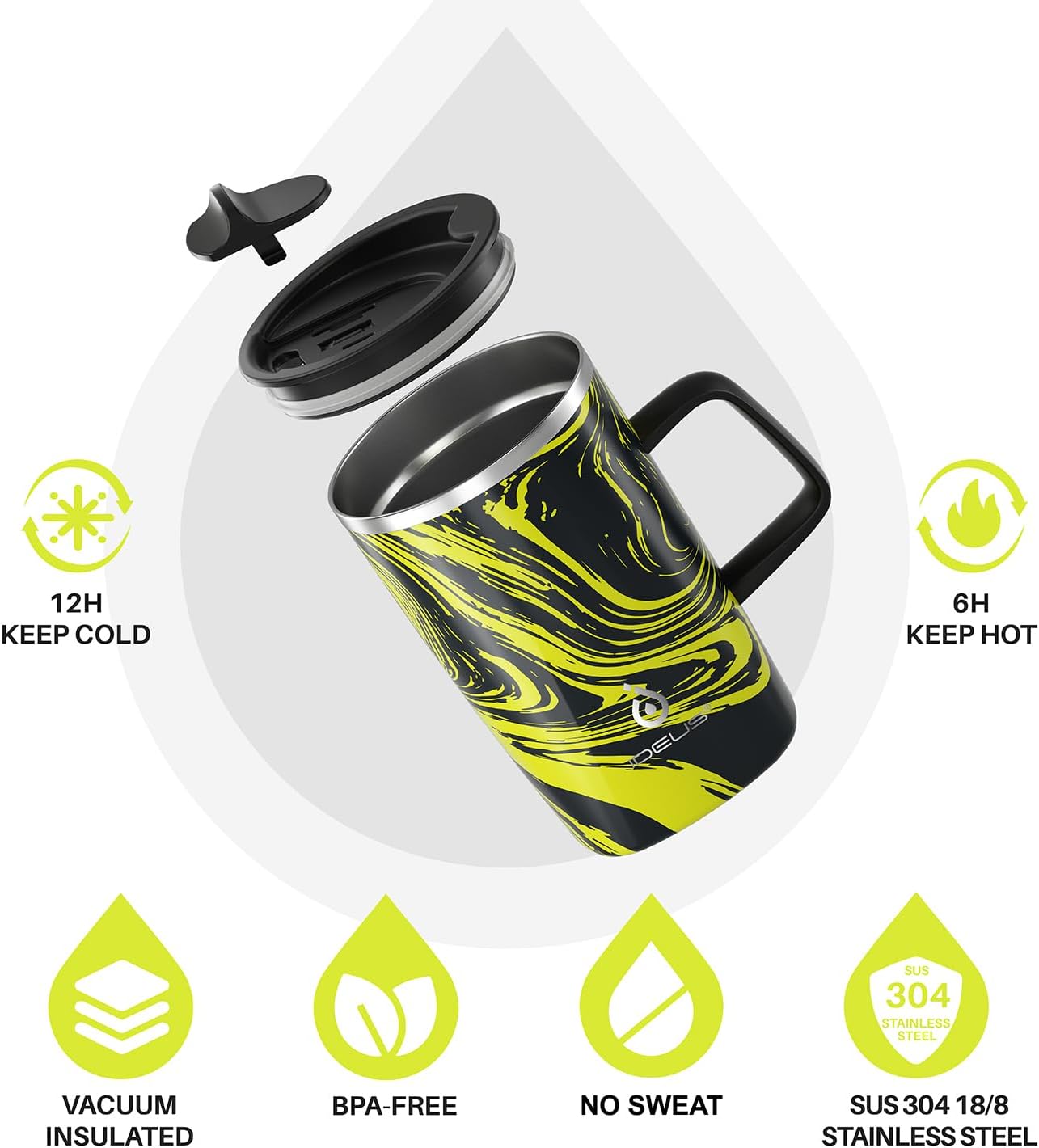 Ideus Vacuum Insulated Coffee Mug, 16oz Reusable Stainless Steel Thermal Double Walled cup with Handle and Slider Lid for Hot & Cold Beverages, BPA Free (Yellow Zebra)
