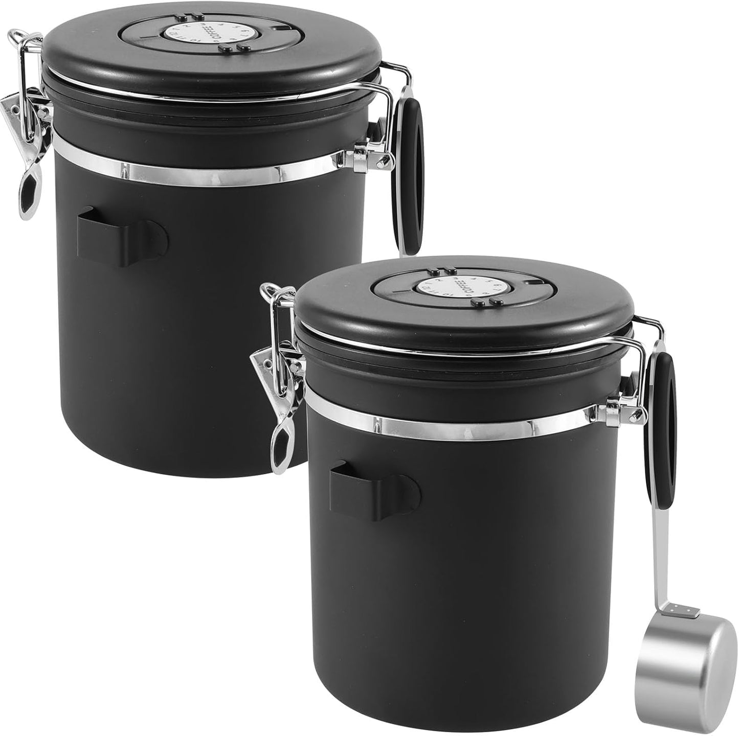 2Pcs Coffee Storage Canister 1.5L Double Airtight Coffee Beans Container with Date Locator 304 Stainless Steel Kitchen Food Storage Container with Spoon for Tea Sugar,Black (2)