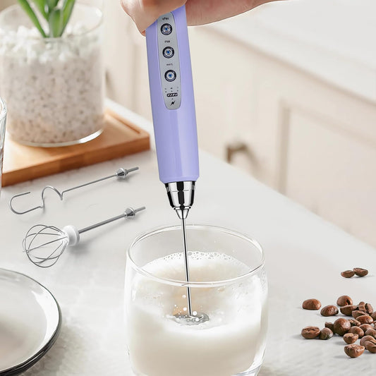 Milk Frother Handheld Rechargeable - Electric Whisk 3 Speed Adjustable, Coffee Frother Wand with 3 Stainless Whisks, Electric Foam Maker, Drink Mixer Blender for Latte Cappuccino Matcha Egg
