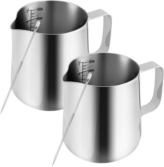 2PCS 350ML/12oz Milk Frothing Jug for Coffee Machine 304 Stainless Steel Milk Pitcher Cup with Spoon Milk Cup for Making Cappuccino Latte and Espresso
