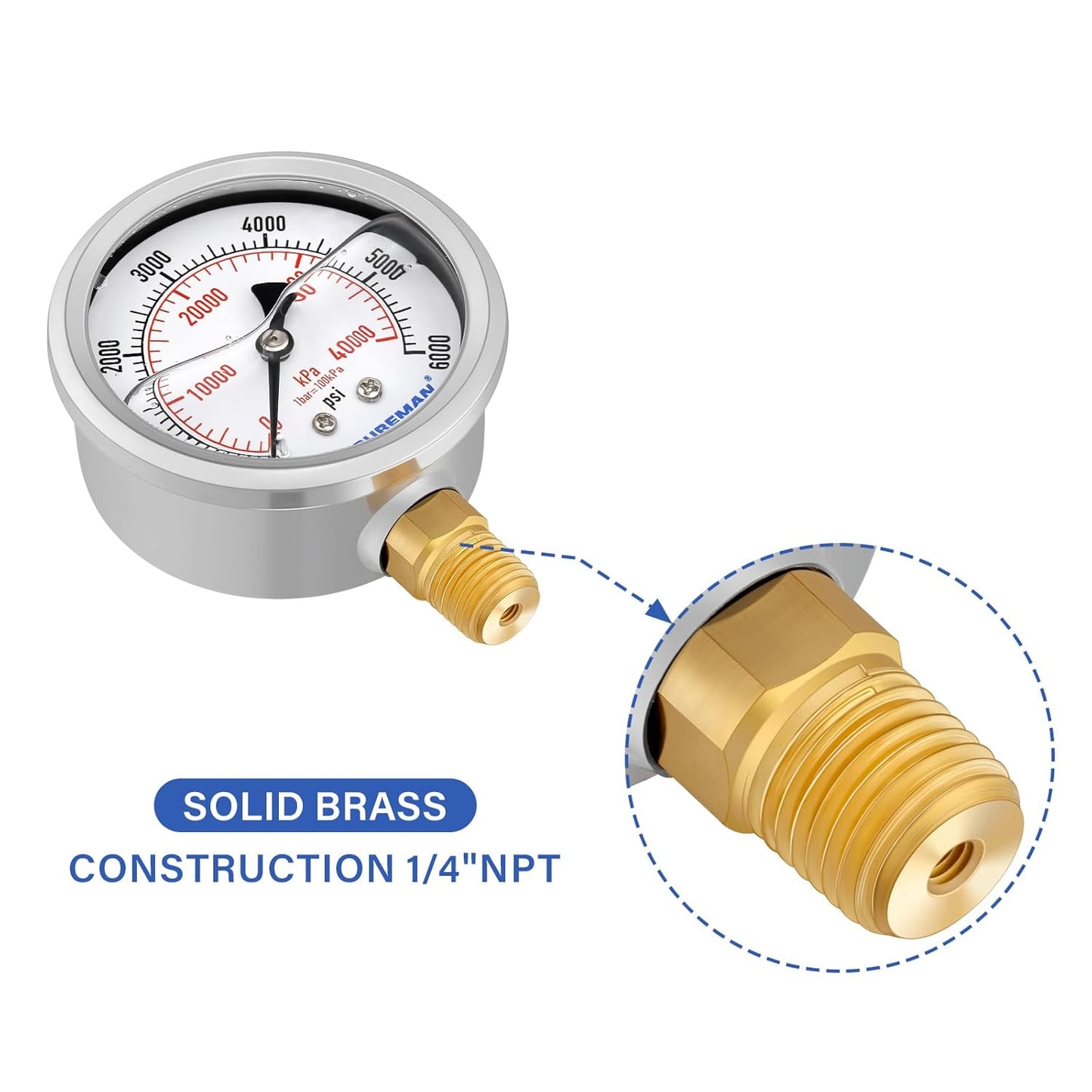 MEASUREMAN 2-1/2" Dial Size, Glycerin Filled Pressure Gauge, 0-6000psi/kpa, 304 Stainless Steel Case, 1/4" NPT Lower Mount