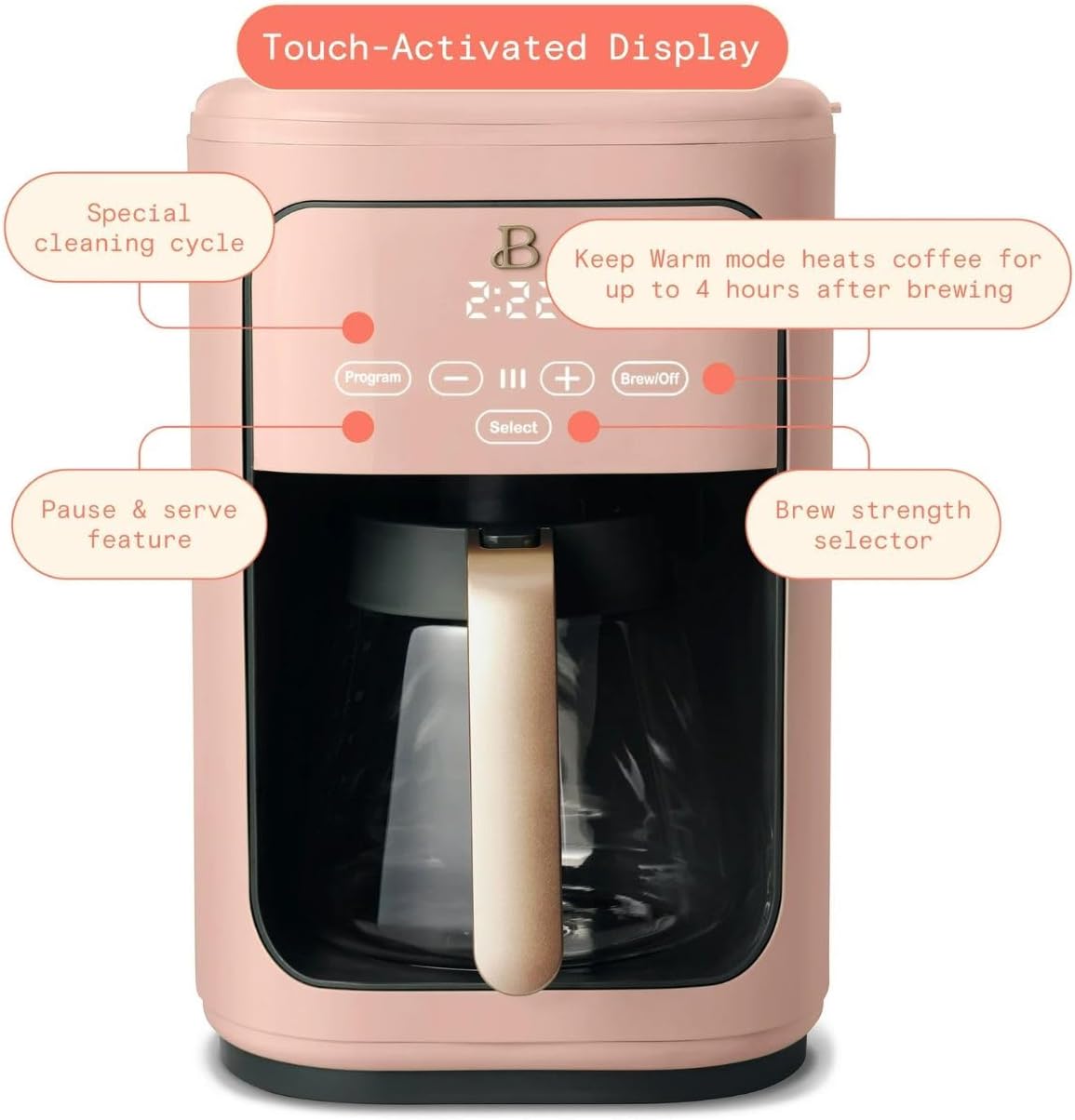 Beautiful Coffee Maker, 14-Cup, Touch Display, Programmable, 1200W, Stainless Steel, Keep Warm, 24h Timer dishwasher-safe (Rose)