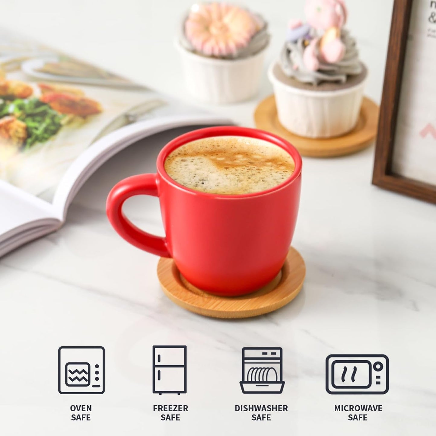 Hasense 8 oz Tea Cups and Saucers Set of 6, Ceramic Coffee Cups with Handle, Latte, Cappuccino, Espresso, Stackable for Party, Home and Kitchen, Red