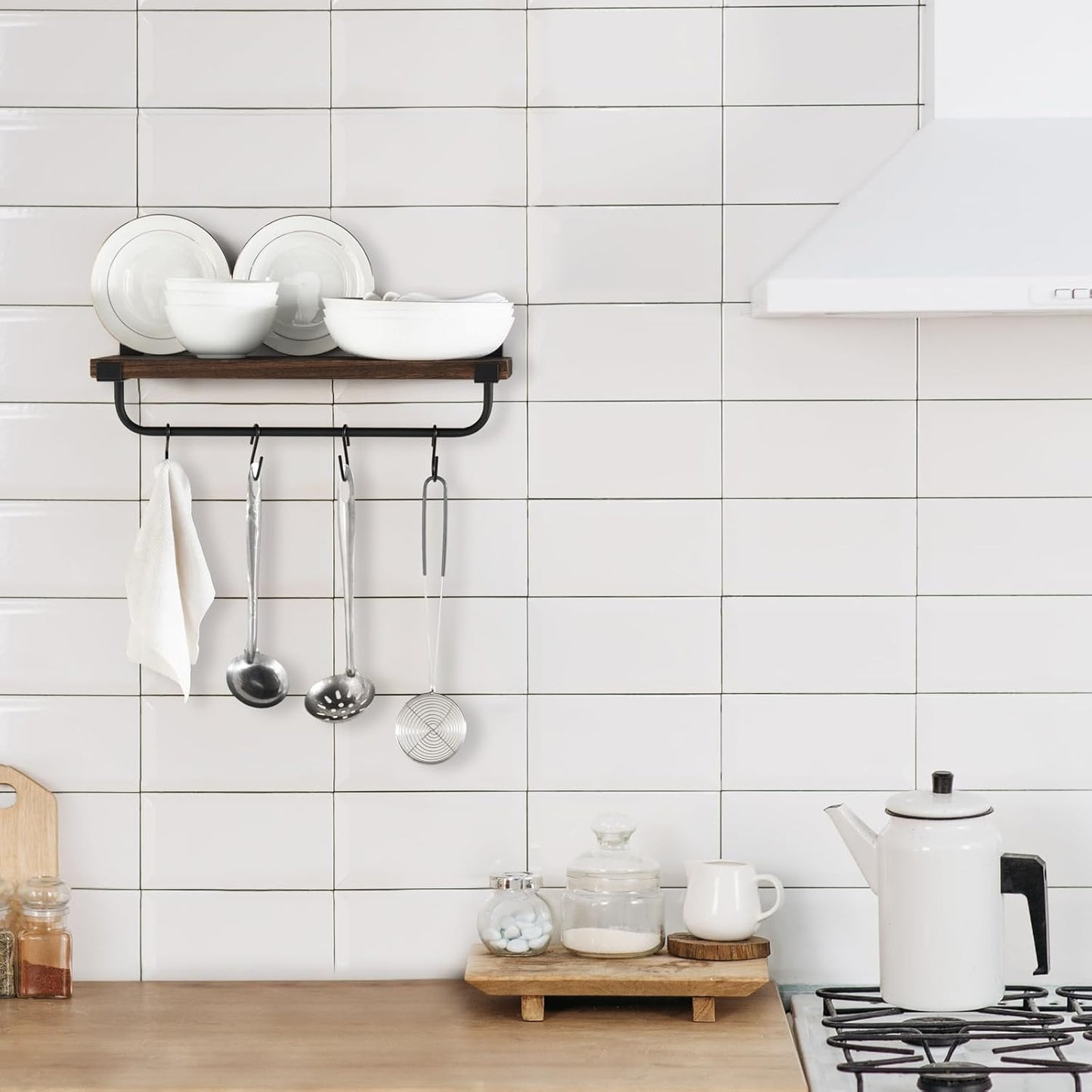 Mkono Mug Holder Wall Mounted Coffee Mug Rack Set of 2 Rustic Floating Shelf for Coffee Bar Accessories Wood Tea Cup Hooks Hanger for Organizing Cooking Utensils, Home Kitchen Decor, Brown