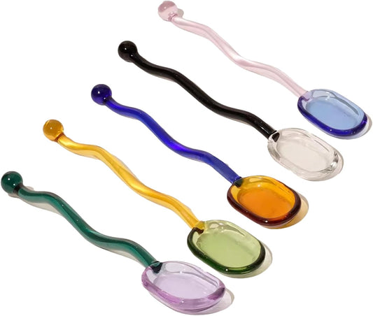 5 Pieces Glass Spoons, Creative Colored Transparent Coffee Milk Glass Dessert Stirring Spoon Curved Handle Tools for Tea Sugar Home Bar Party (Square)
