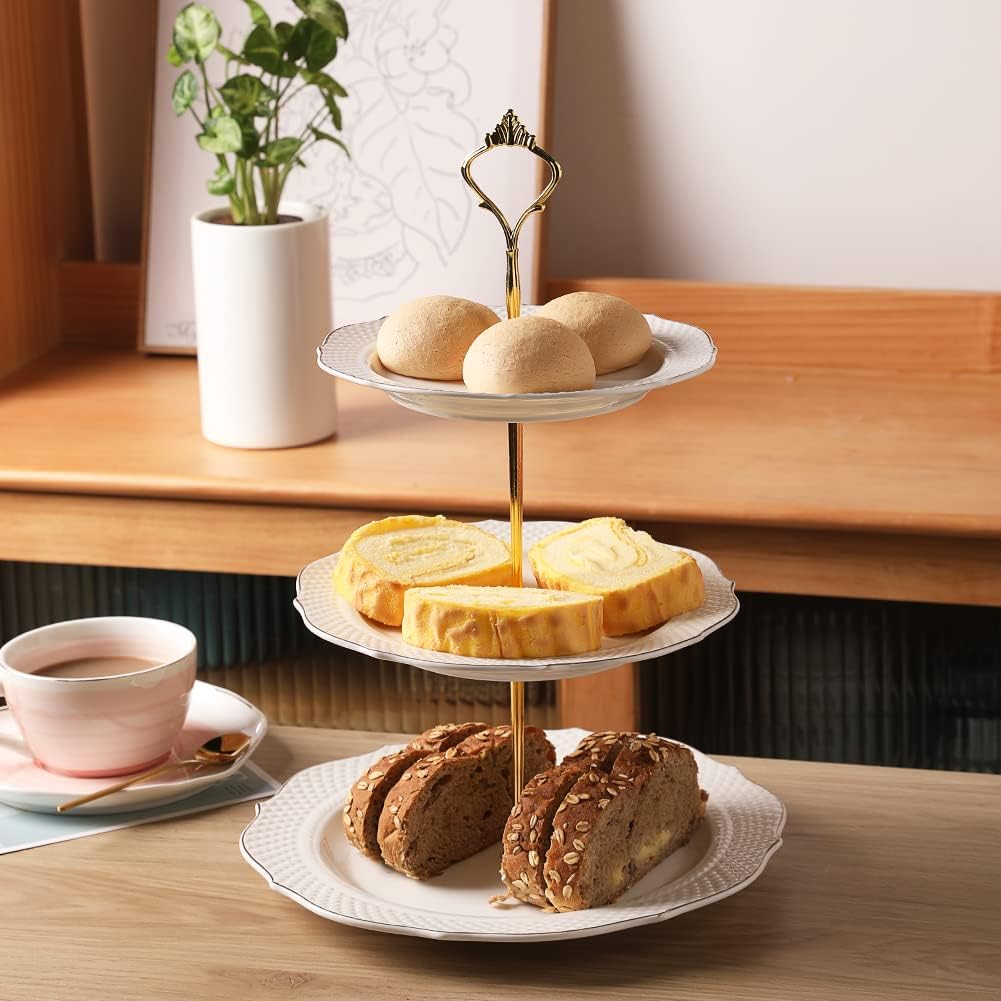 Sweejar 3 Tier Ceramic Cake Stand Wedding, Dessert Cupcake Stand for Tea Party Serving Platter (New White)