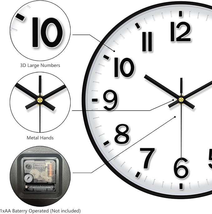 Modern Wall Clock, 10 Inch Digital Wall Clocks Battery Operated, Round Non - Image 7