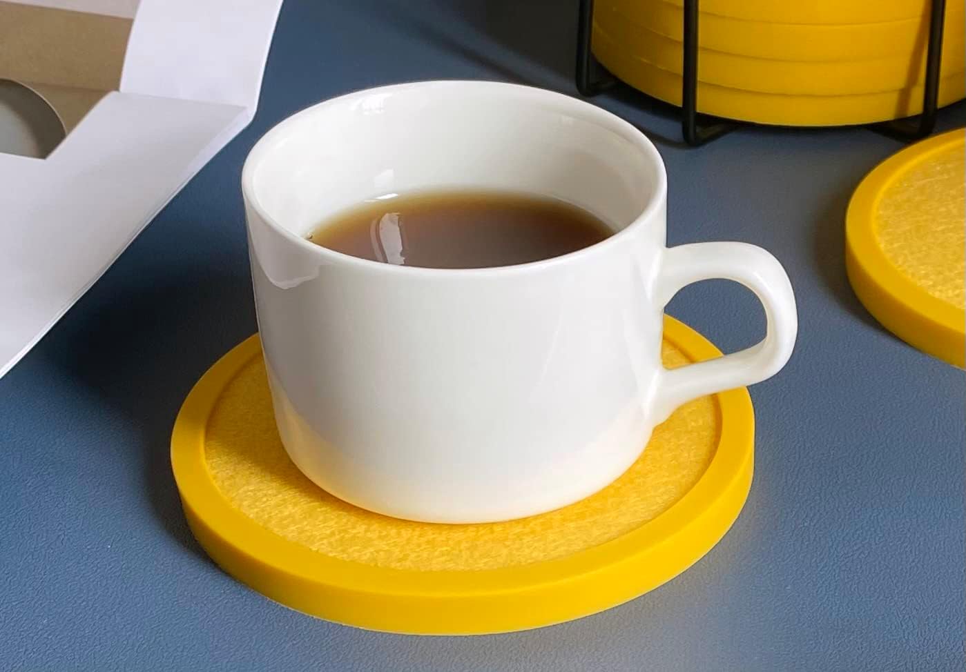 Absorbent Coasters for Drinks with Holder - 6packs, Silicone Coaster with Soft Felt Insert (4.3 inch Coasters with 4.5 inch Holder, Yellow)