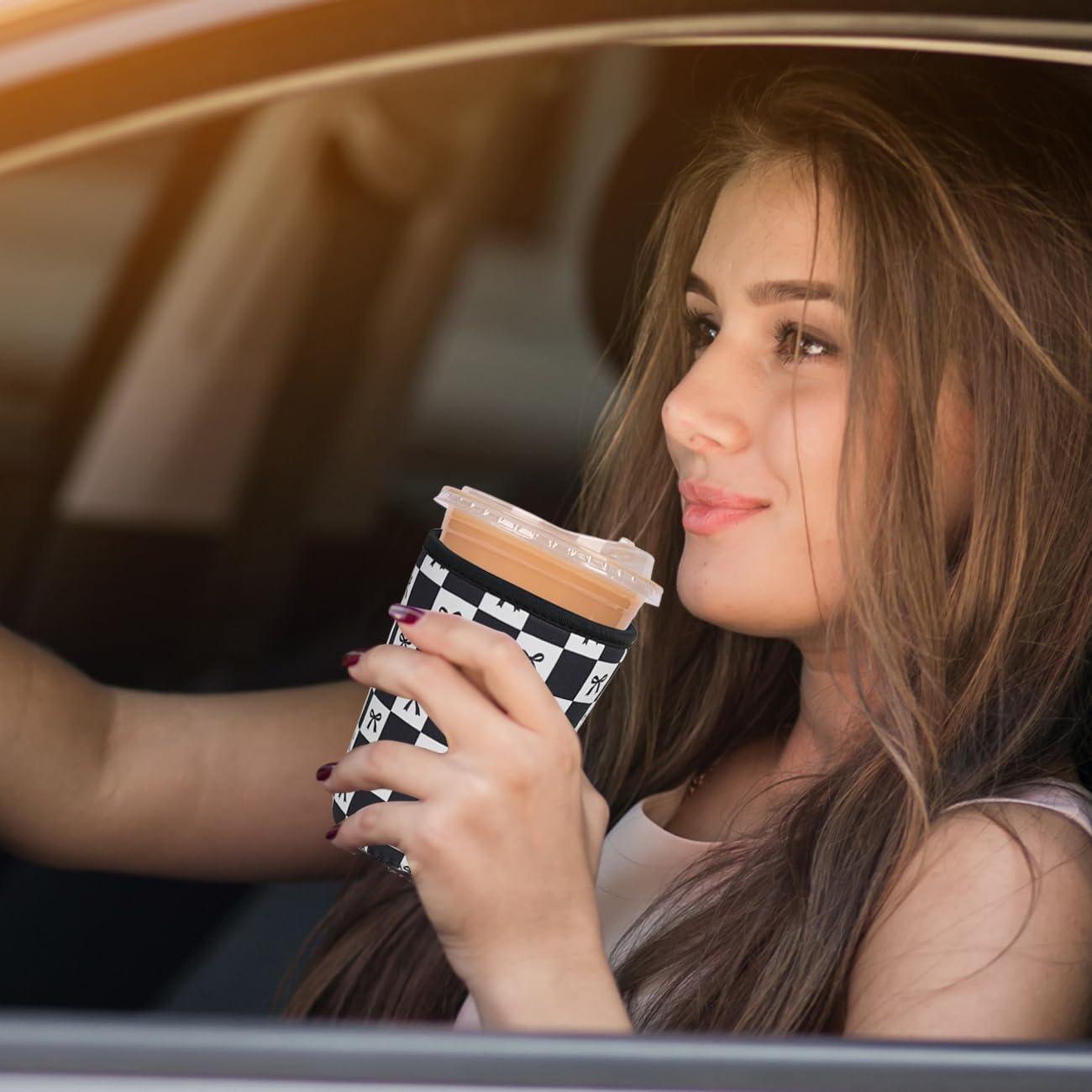 Reusable Insulated Neoprene Iced Coffee Cup Sleeve, Durable Drink Sleeve for Cold Beverages, Beverage Holder for Iced Coffee, Black Checkered Bows