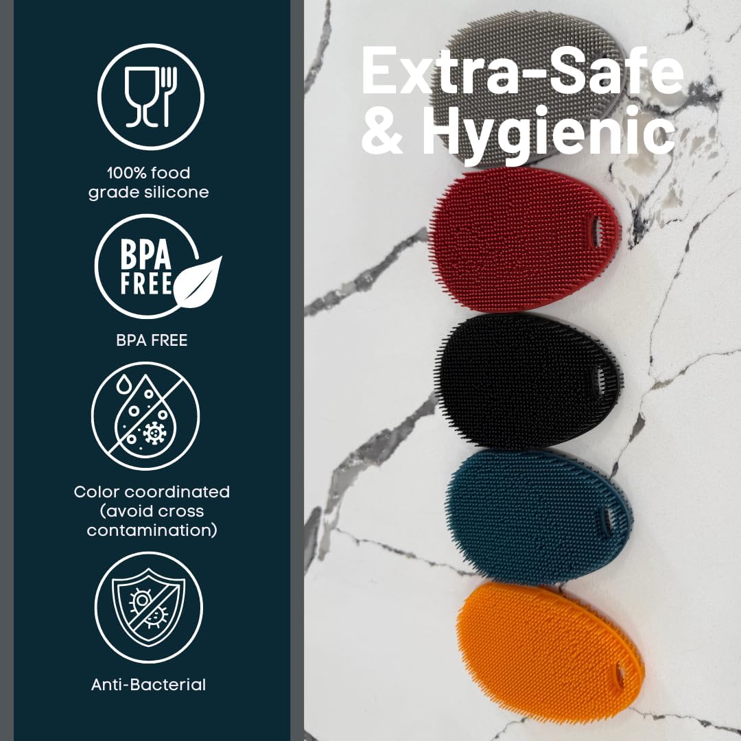 Silicone Sponge Dish Scrubber - Food Grade and Housecleaning - BPA Free Silicone Kitchen Scrubber [5 Pack Ovals Winter]