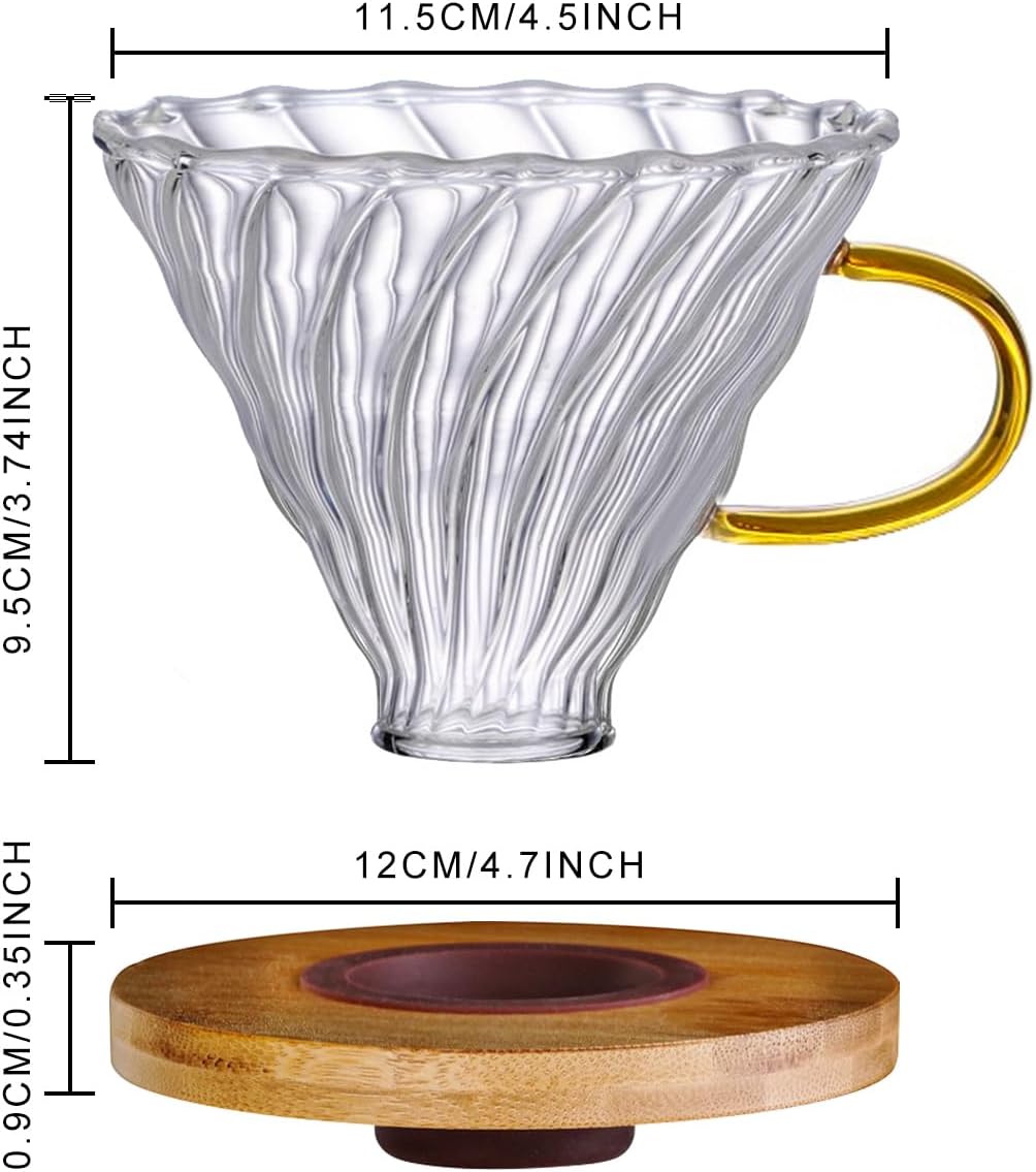 Gute Glass Coffee Dripper/Filter - Cone Glass Pour Over Coffee Dripper with Bamboo Stand & Handle, 1-4 Cups Drip Coffee Maker Funnel Accessories for Home, Office
