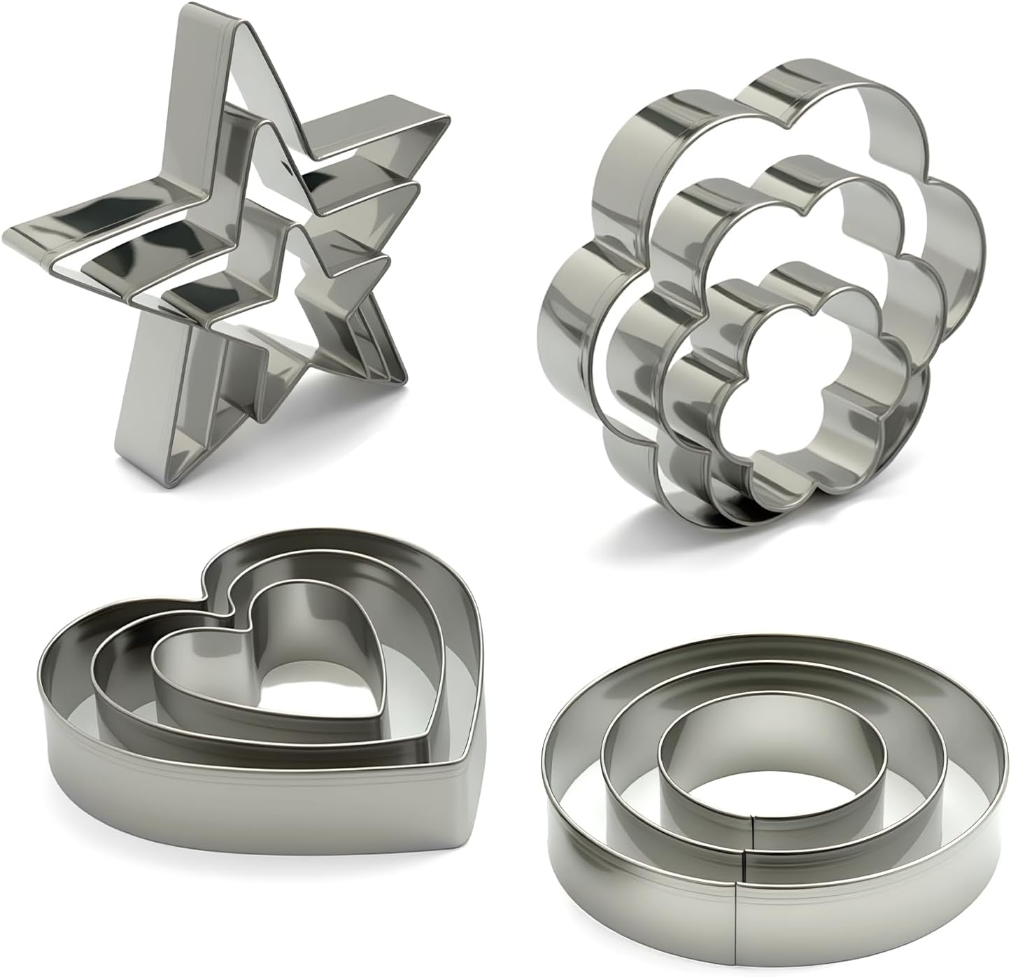 Stainless Steel Cookie Cutters Set 12Pcs - Heart, Flower, Round, Five Star Shapes - Small to Mini Size, Metal Biscuit Cutter Molds for Baking or Holiday Party Decorations