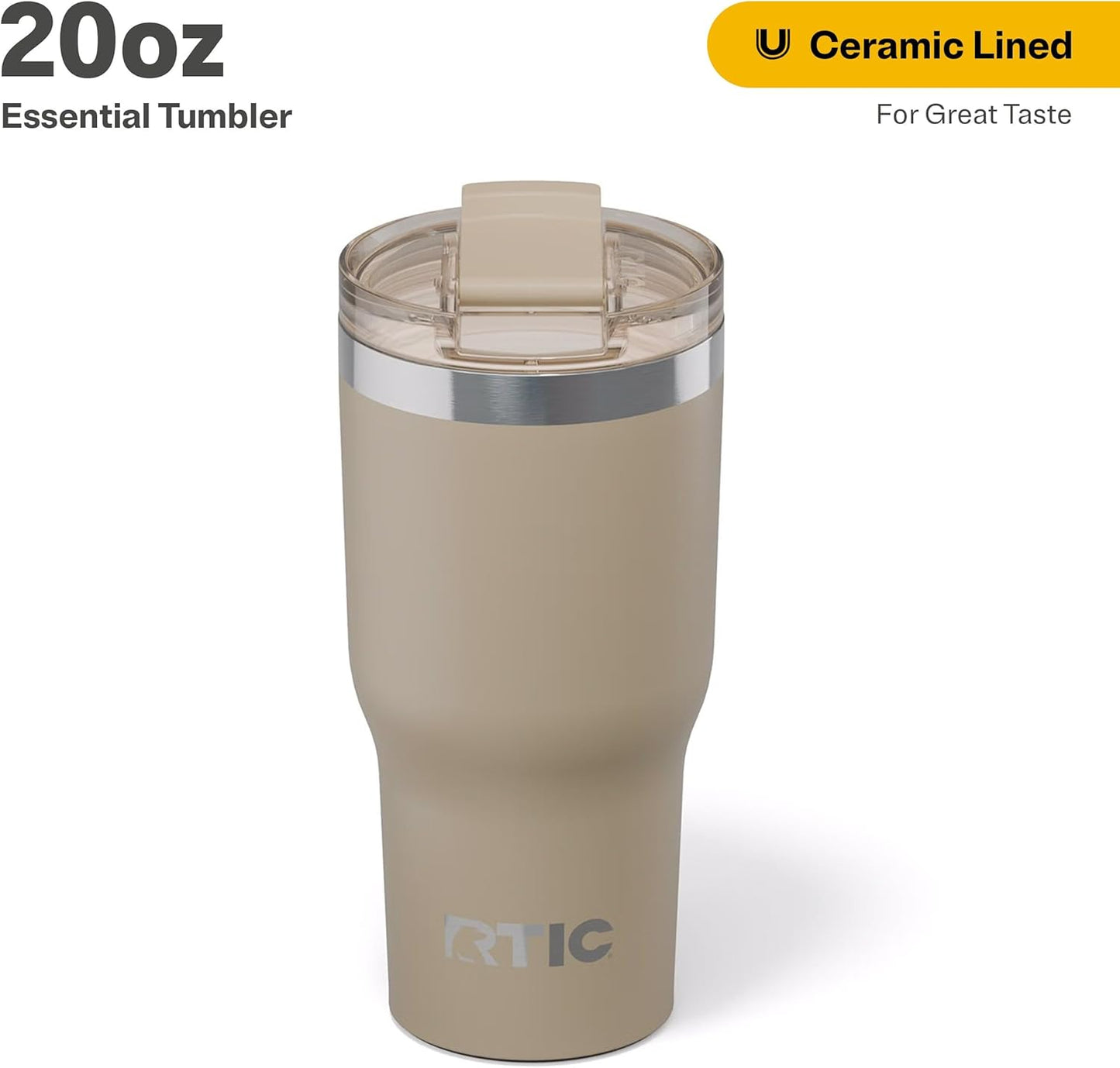 RTIC 20oz Essential Tumbler with Lid, Insulated, Stainless Steel, Metal, Double Wall Vacuum-Insulation, Ceramic Lined, Travel Cup for Iced Coffee, Tea, Hot and Cold Drink, Beach