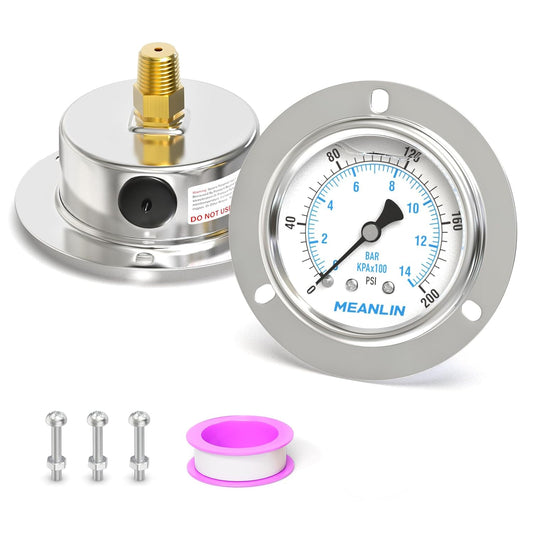 MEANLIN MEASURE 0~200Psi Liquid Filled Pressure Gauge Front Flange Panel Mount, 1/4" NPT 2.5" FACE DIAL Stainless Steel Case with Phillips Screw and Nut, +/-3-2-3%