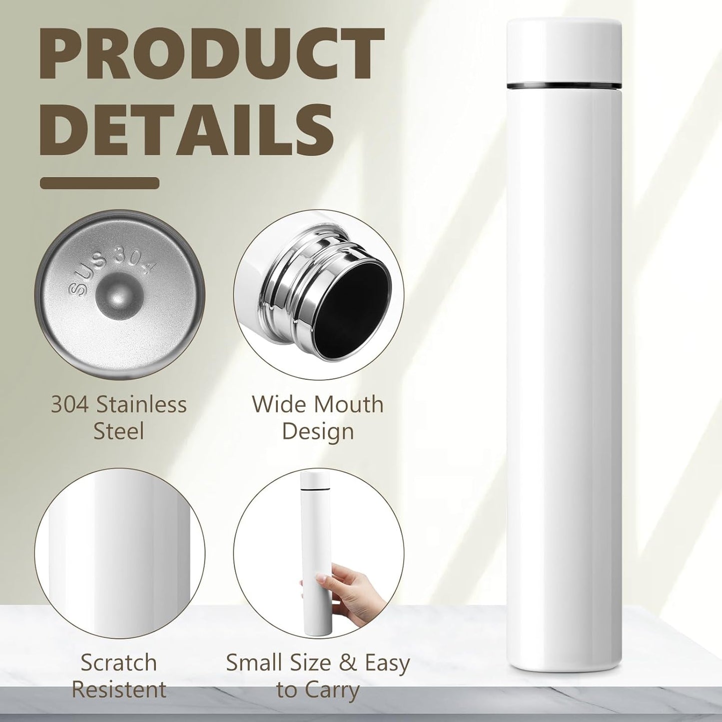 Vesici Slim Water Bottle 8.8 oz Small Stainless Steel Purse Compact Insulated Water Bottles Camping Travel Backpack Pocket Flask for Car Cold Coffee Tea(White,4 Pack)