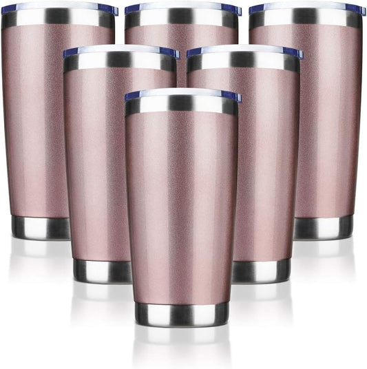 20oz Tumbler Bulk Stainless Steel Vacuum Insulated Tumblers with Lid Double Wall Travel Mug, Powder Coated Coffee Cup, Suitable for Ice Drinks and Hot Beverage (Rose gold 6pack)