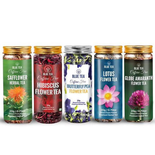BLUE TEA - Flower Tea Combo - 4.93 Oz (Pack of 5) | Safflower, Hibiscus, Butterfly Pea, Lotus, Globe Amaranth | VARIETY PACK | Caffeine Free - Non-Bitter - Herbal Tea - Flower Based - Vegan | Pet Jar Pack